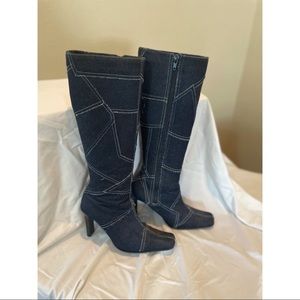 Blue Jean Patchwork Heeled Boots Zip Up